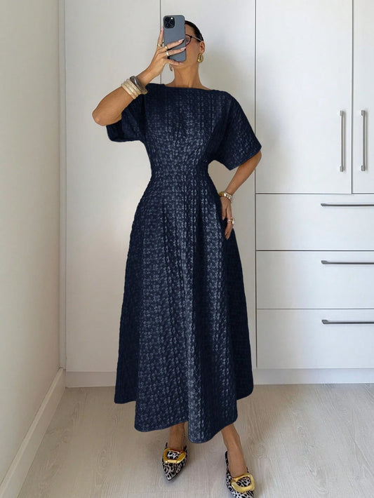 Siren Gaze Women's Jacquard Boat Neck Batwing Sleeve Elegant Long Dress Office Dinner Tea Party Dinner Date Navy Blue Summer