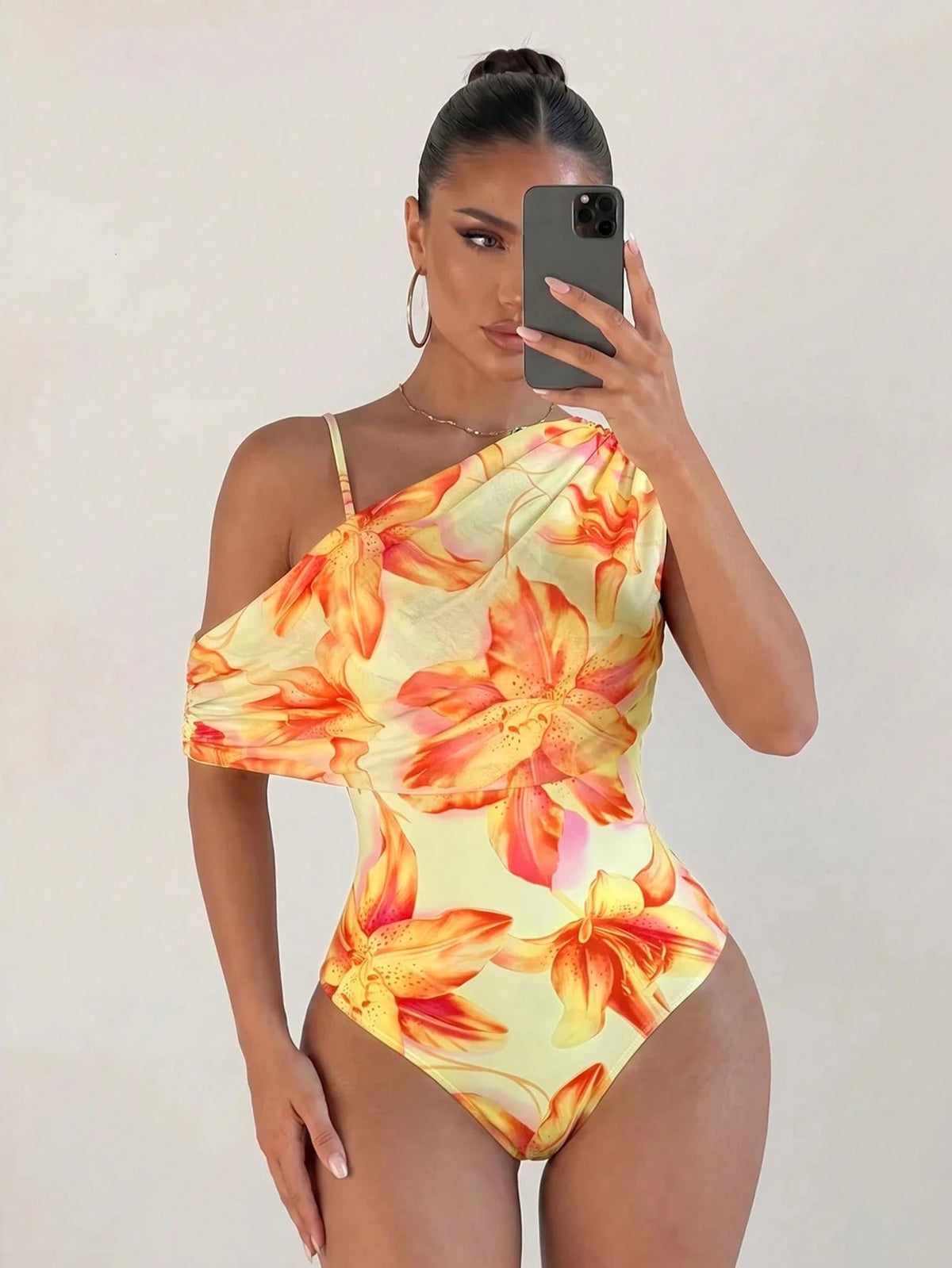 Sirith Knitted Floral Digital Print Sexy Wireless Bikini Set, Elegant Summer Swimwear For Beach Vacation, Party, Outing Orange Floral