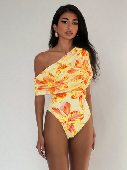 Sirith Knitted Floral Digital Print Sexy Wireless Bikini Set, Elegant Summer Swimwear For Beach Vacation, Party, Outing Orange Floral