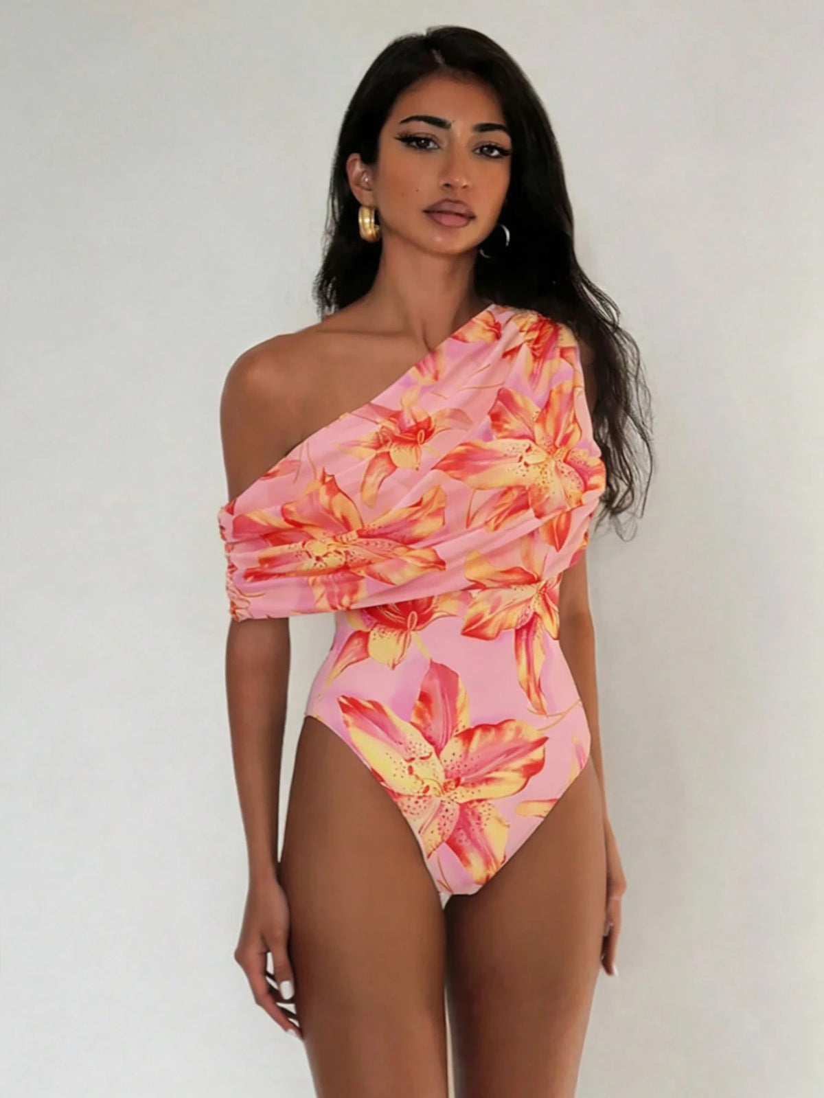 Sirith Knitted Floral Digital Print Sexy Wireless Bikini Set, Elegant Summer Swimwear For Beach Vacation, Party, Outing Orange Floral