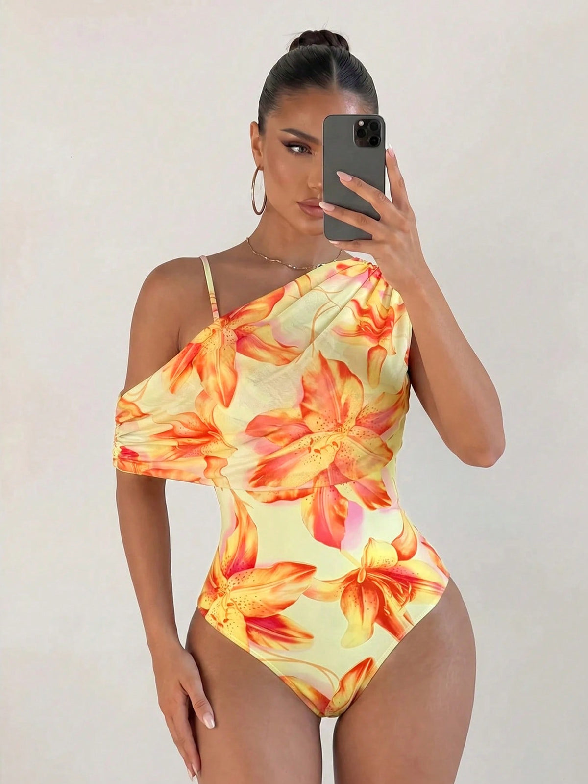 Sirith Knitted Floral Digital Print Sexy Wireless Bikini Set, Elegant Summer Swimwear For Beach Vacation, Party, Outing Orange Floral