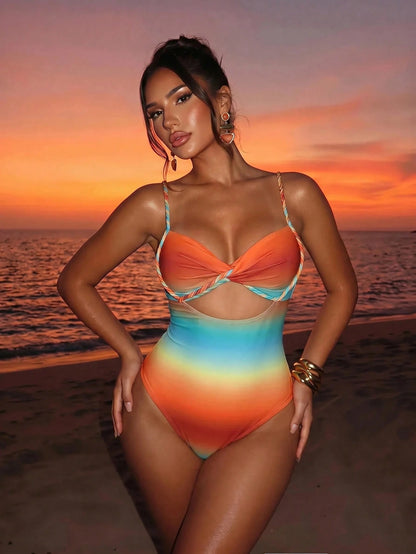 Sirith Summer Burnt Orange Boho Women 2pcs/Set Gradient Rope Strap Crop Top & Tie Side Beach Dress Bikini Set,Beach Vacation Holiday Rave Outfit Resort Wear