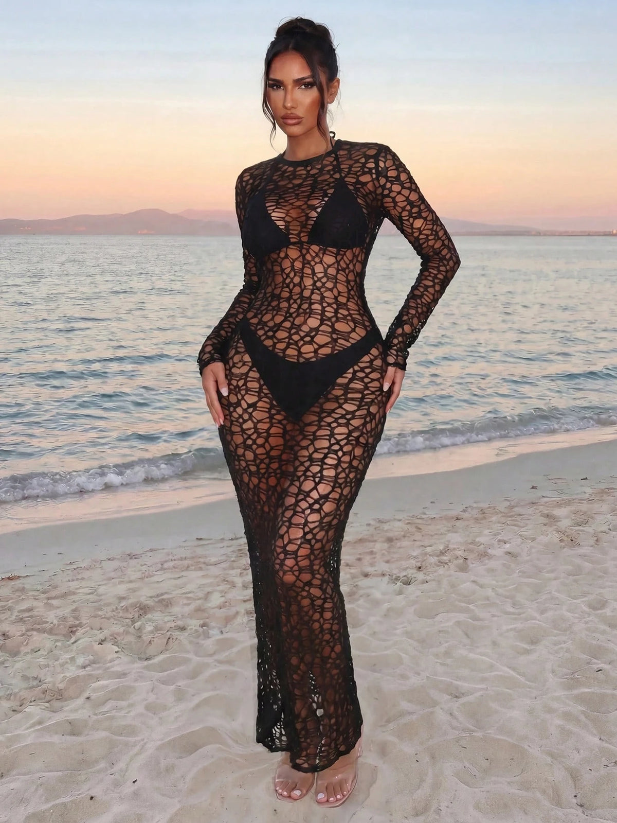 Sirith Women's Black Summer Beach Vacation Halter Bikini Set And Hollow Out Lace See Through Bodycon Maxi Dress,Casual Holiday Holiday Cover Up Dress