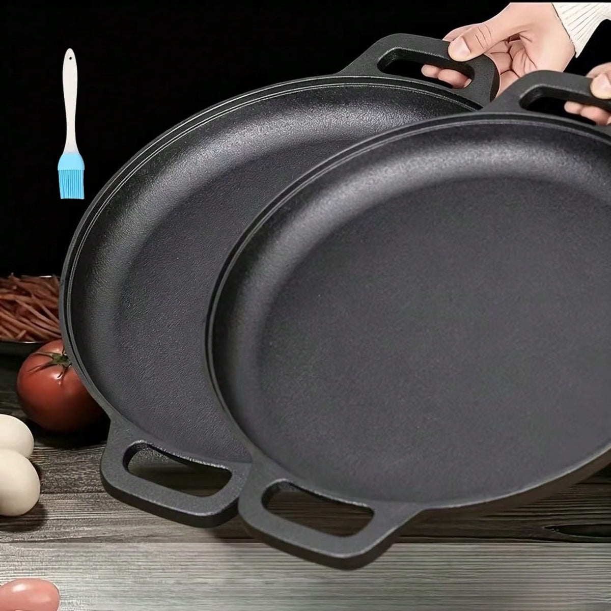 SKYNEST 1/2/3pcs Cast Iron Pan, Pre Seasoned, Multifunctional, Non-Stick, For Pizza Lovers, For Home Kitchens, Outdoor Cooking, Durable, Even-Heating, Versatile, Compatible With All Stoves, Perfect Fo
