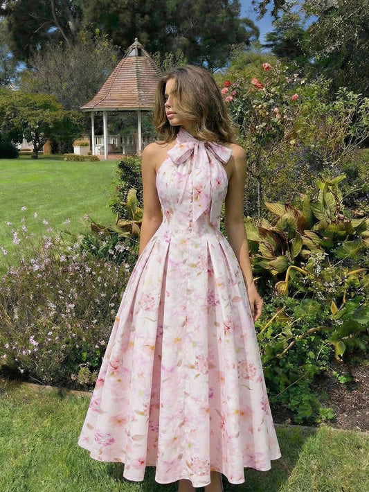 Skyraze Pink Floral Summer Elegant Tea Party Dress, Mandarin Collar Bow Tie Sleeveless Waist Cinched Maxi Dress For Women, Wedding Guest Ceremony