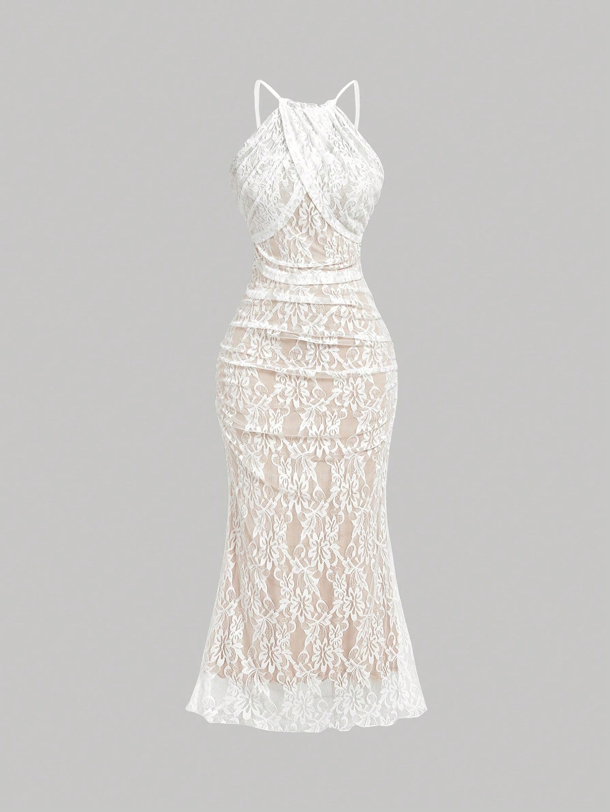 Skyraze White Lace Sleeveless Fitted Dress,Crossover Neckline,Lining,Elegant,Summer,Holiday,Vacation,Beige Sheer Look For Evening Party,Formal Occasions,Beach
