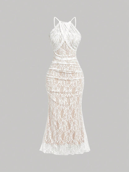 Skyraze White Lace Sleeveless Fitted Dress,Crossover Neckline,Lining,Elegant,Summer,Holiday,Vacation,Beige Sheer Look For Evening Party,Formal Occasions,Beach