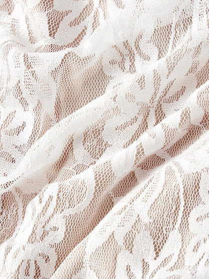 Skyraze White Lace Sleeveless Fitted Dress,Crossover Neckline,Lining,Elegant,Summer,Holiday,Vacation,Beige Sheer Look For Evening Party,Formal Occasions,Beach