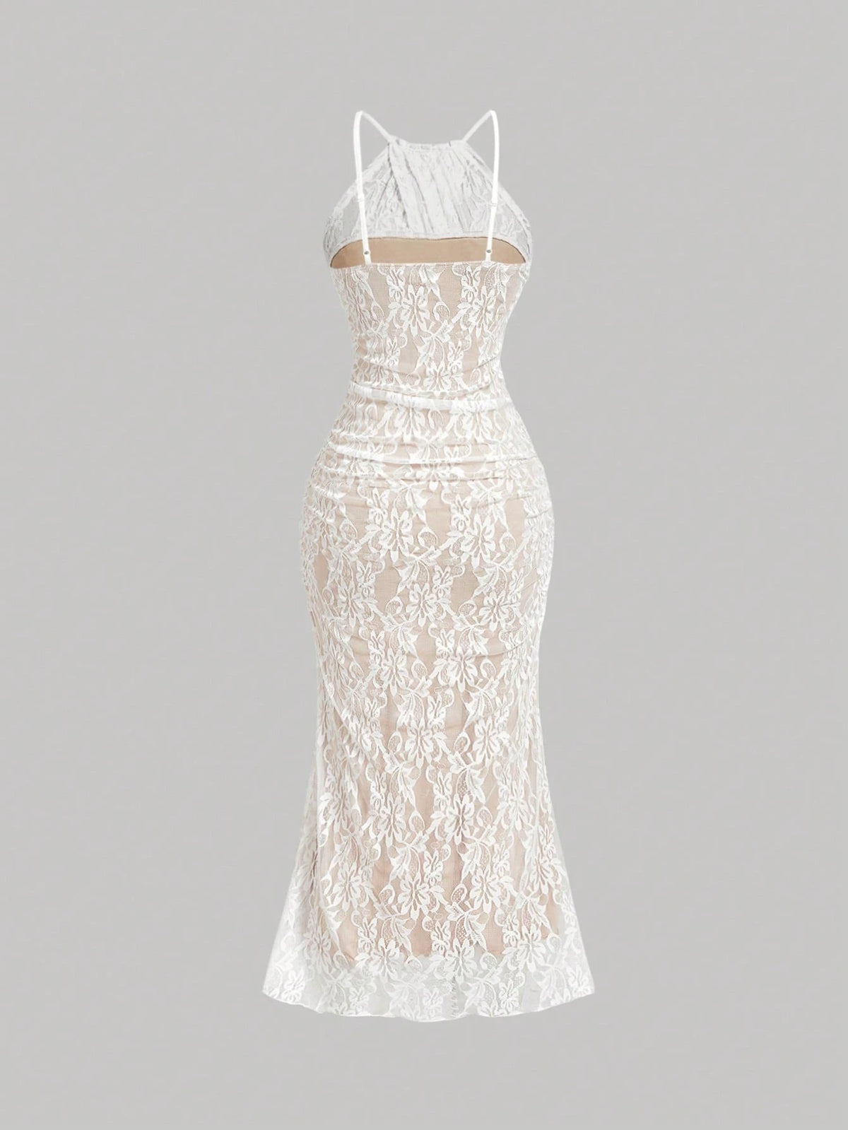 Skyraze White Lace Sleeveless Fitted Dress,Crossover Neckline,Lining,Elegant,Summer,Holiday,Vacation,Beige Sheer Look For Evening Party,Formal Occasions,Beach
