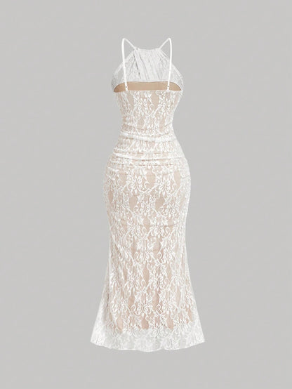 Skyraze White Lace Sleeveless Fitted Dress,Crossover Neckline,Lining,Elegant,Summer,Holiday,Vacation,Beige Sheer Look For Evening Party,Formal Occasions,Beach