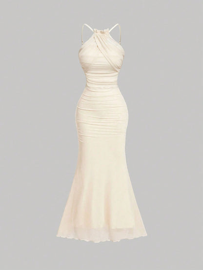Skyraze White Lace Sleeveless Fitted Dress,Crossover Neckline,Lining,Elegant,Summer,Holiday,Vacation,Beige Sheer Look For Evening Party,Formal Occasions,Beach