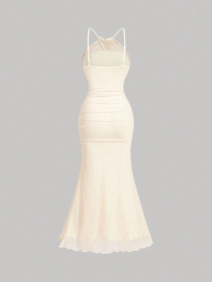 Skyraze White Lace Sleeveless Fitted Dress,Crossover Neckline,Lining,Elegant,Summer,Holiday,Vacation,Beige Sheer Look For Evening Party,Formal Occasions,Beach
