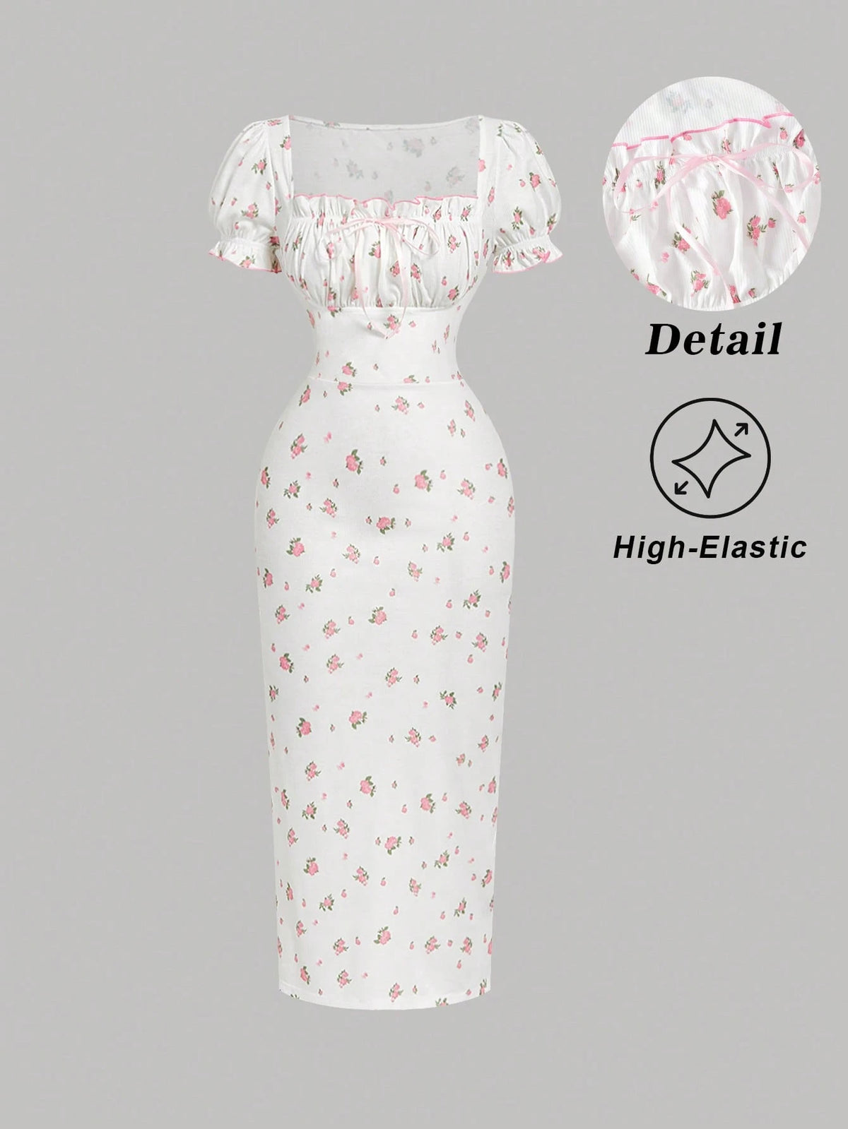 Skyraze Women's Puff Sleeve Square Neck Bodycon Midi Dress, White Floral Summer Modest Milkmaid Dress, Picnic Cottagecore Tea Party Vacation Outfits