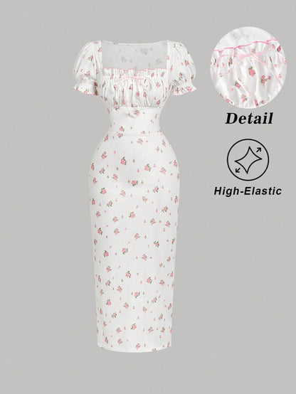 Skyraze Women's Puff Sleeve Square Neck Bodycon Midi Dress, White Floral Summer Modest Milkmaid Dress, Picnic Cottagecore Tea Party Vacation Outfits