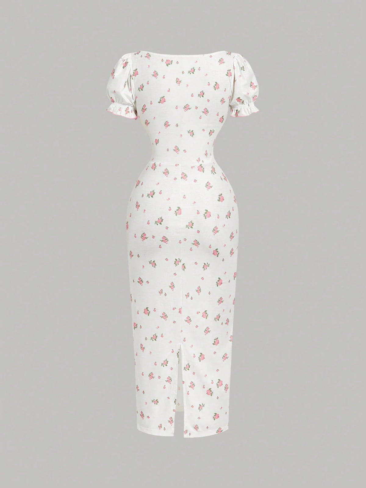 Skyraze Women's Puff Sleeve Square Neck Bodycon Midi Dress, White Floral Summer Modest Milkmaid Dress, Picnic Cottagecore Tea Party Vacation Outfits