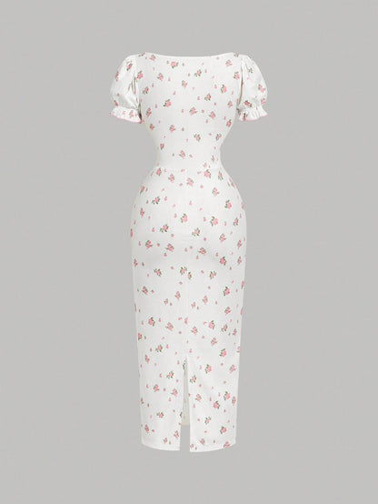 Skyraze Women's Puff Sleeve Square Neck Bodycon Midi Dress, White Floral Summer Modest Milkmaid Dress, Picnic Cottagecore Tea Party Vacation Outfits