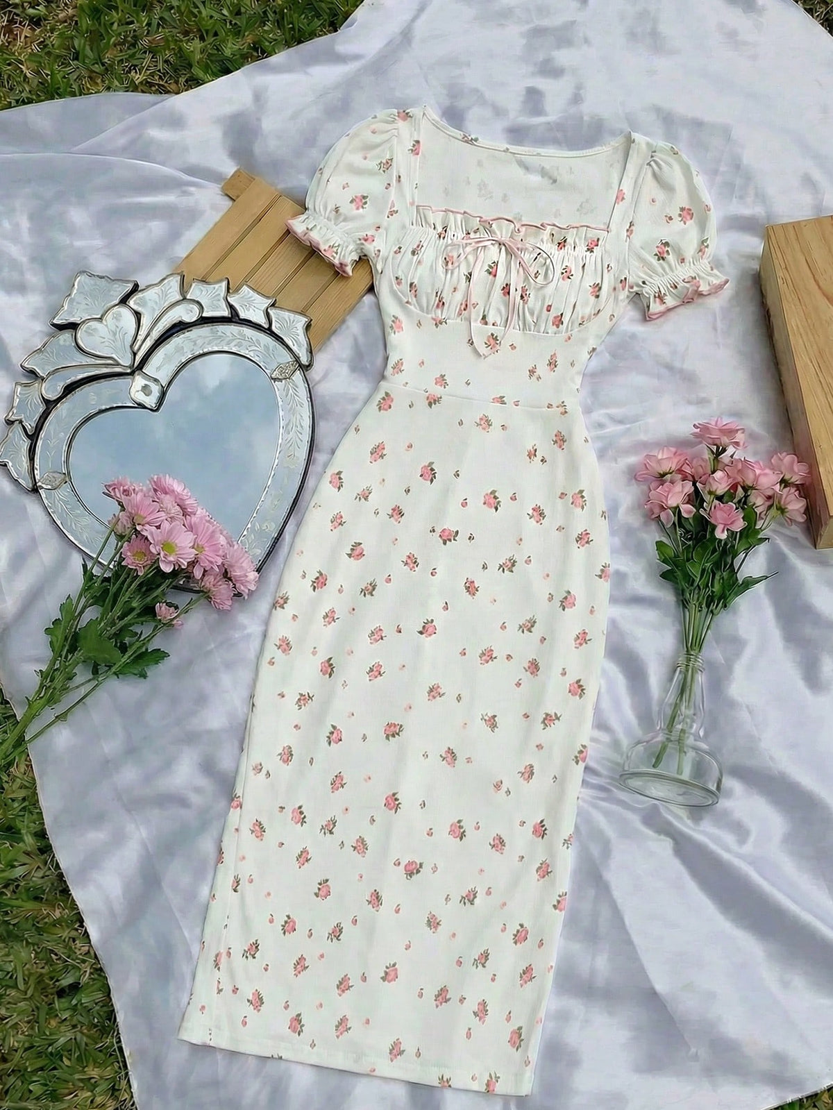 Skyraze Women's Puff Sleeve Square Neck Bodycon Midi Dress, White Floral Summer Modest Milkmaid Dress, Picnic Cottagecore Tea Party Vacation Outfits