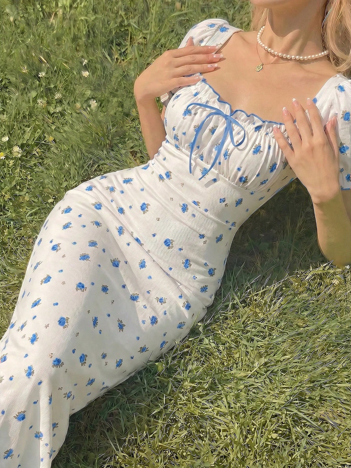 Skyraze Women's Puff Sleeve Square Neck Bodycon Midi Dress, White Floral Summer Modest Milkmaid Dress, Picnic Cottagecore Tea Party Vacation Outfits
