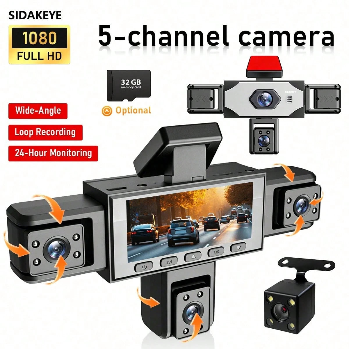 SKYWORTH SIDAKEYE 360° Panoramic 5-Channel Dash Cam, Supports 1080P Full HD Recording, Equipped With Front, Rear, Left, Middle, Right Interior Cameras, Features Night Vision, Loop Recording-Suitable F