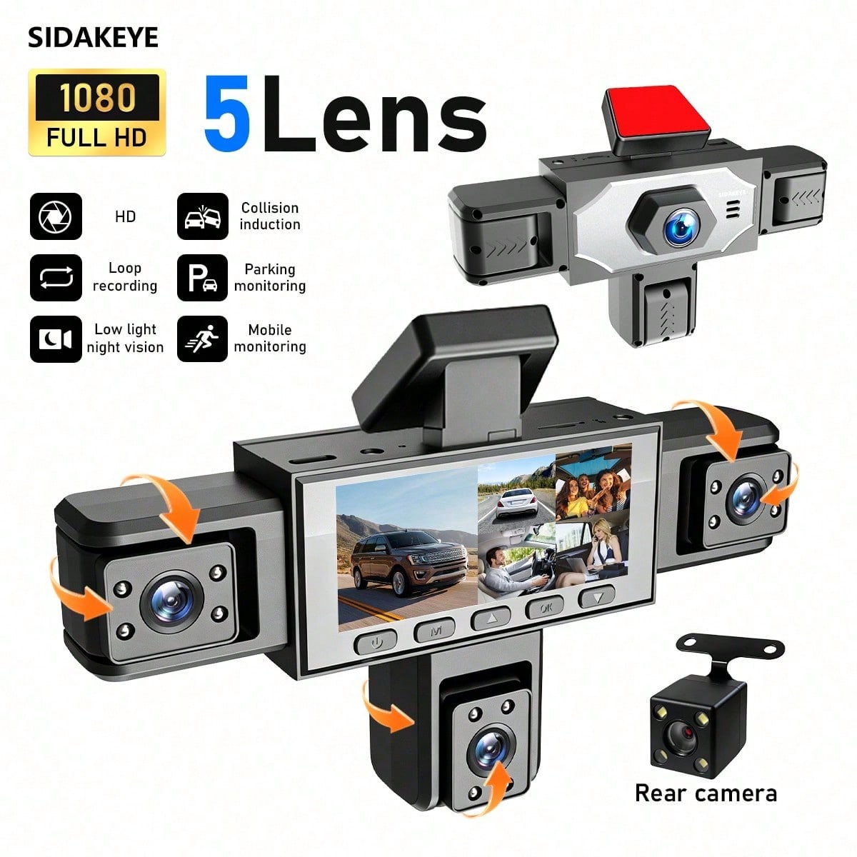SKYWORTH SIDAKEYE 360° Panoramic 5-Channel Dash Cam, Supports 1080P Full HD Recording, Equipped With Front, Rear, Left, Middle, Right Interior Cameras, Features Night Vision, Loop Recording-Suitable F