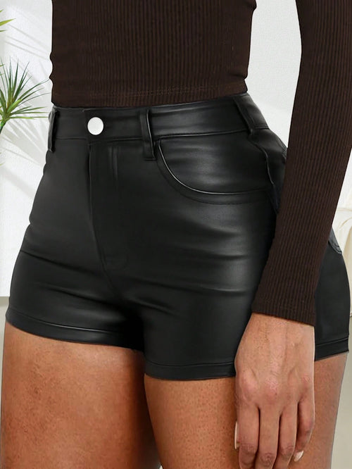 Slant Pocket Casual Bad Girl Glossy Mid-Waist Shorts Black Summer