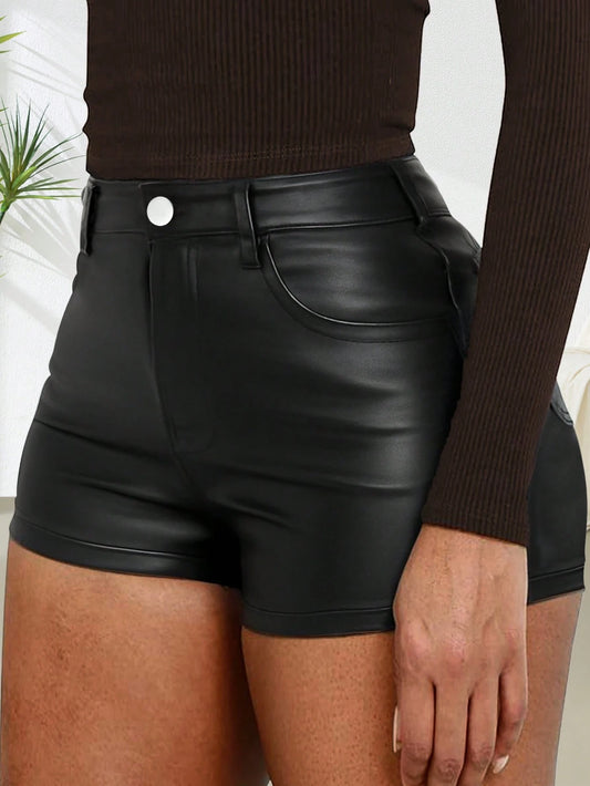 Slant Pocket Casual Bad Girl Glossy Mid-Waist Shorts Black Summer