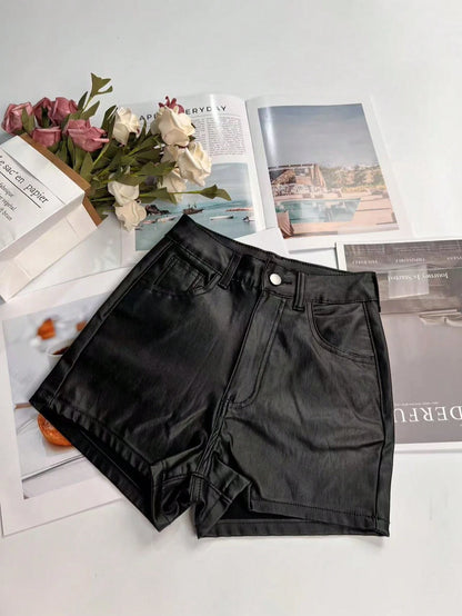 Slant Pocket Casual Bad Girl Glossy Mid-Waist Shorts Black Summer