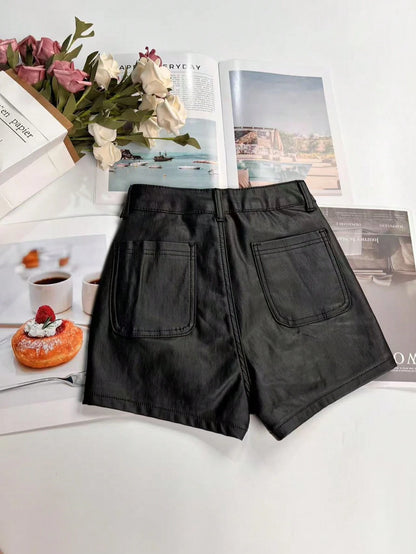 Slant Pocket Casual Bad Girl Glossy Mid-Waist Shorts Black Summer