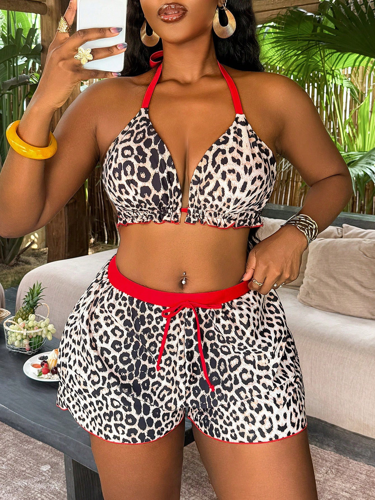 Slaydiva 2026 New Leopard Print Random Pattern Plus Size 2-Piece Spaghetti Strap Bikini Set, Suitable For Beach Vacation