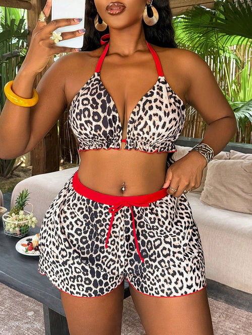 Slaydiva 2026 New Leopard Print Random Pattern Plus Size 2-Piece Spaghetti Strap Bikini Set, Suitable For Beach Vacation