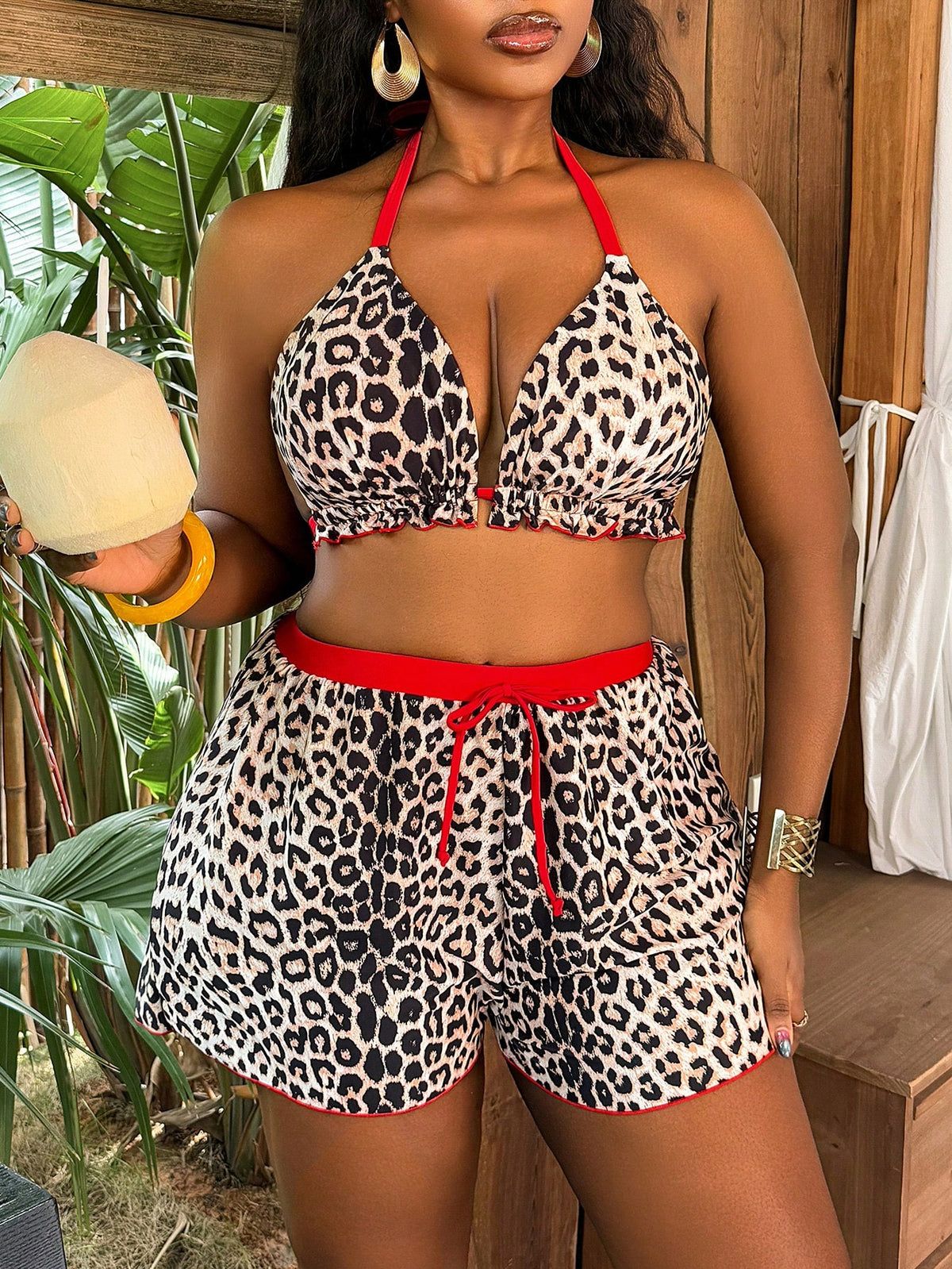 Slaydiva 2026 New Leopard Print Random Pattern Plus Size 2-Piece Spaghetti Strap Bikini Set, Suitable For Beach Vacation