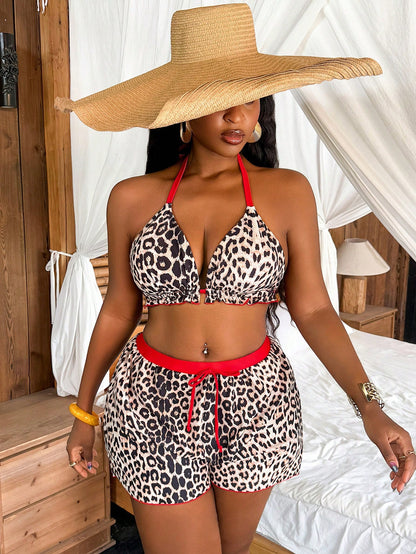 Slaydiva 2026 New Leopard Print Random Pattern Plus Size 2-Piece Spaghetti Strap Bikini Set, Suitable For Beach Vacation