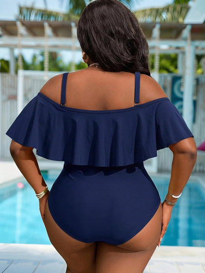 Slaydiva 2026 New Navy Blue Plus Size One-Piece Swimsuit,Summer Classy Beach Holiday Off Shoulder Wrap Ruffle Trim Tropical Elegant Vacation Party Swimwear