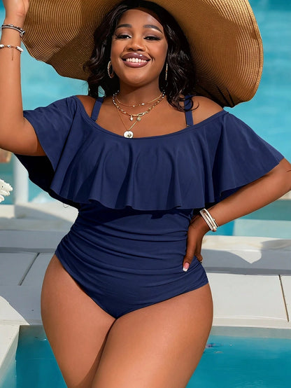 Slaydiva 2026 New Navy Blue Plus Size One-Piece Swimsuit,Summer Classy Beach Holiday Off Shoulder Wrap Ruffle Trim Tropical Elegant Vacation Party Swimwear