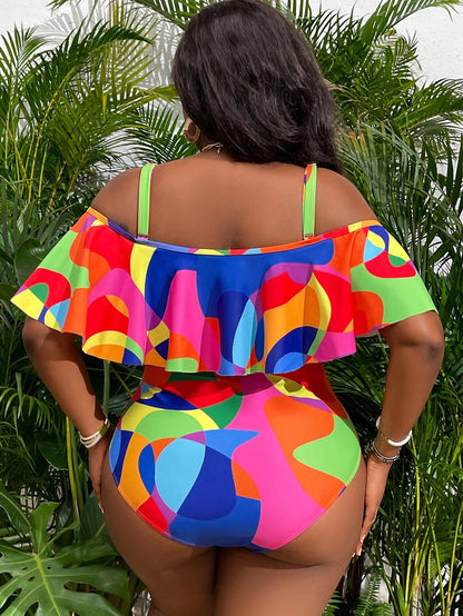 Slaydiva 2026 New Navy Blue Plus Size One-Piece Swimsuit,Summer Classy Beach Holiday Off Shoulder Wrap Ruffle Trim Tropical Elegant Vacation Party Swimwear