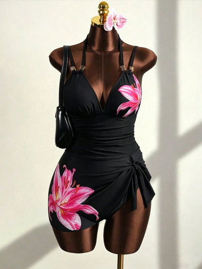 Slaydiva 2026 New Plus Size Women's Black Lily Print Deep V One-Piece Swimsuit, Beach Vacation, Summer Holiday Outfit, Party Wear, Elegant Beach Swimwear