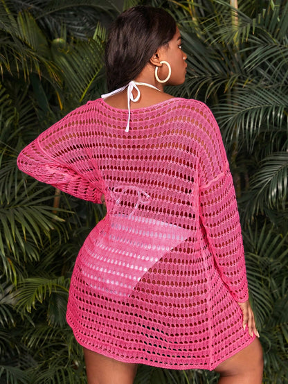 Slaydiva 2026 New Rose Red Plus Size Women's Hollow Out Dropped Shoulder Long Sleeve Cover-Up Dress Beach Vacation Summer