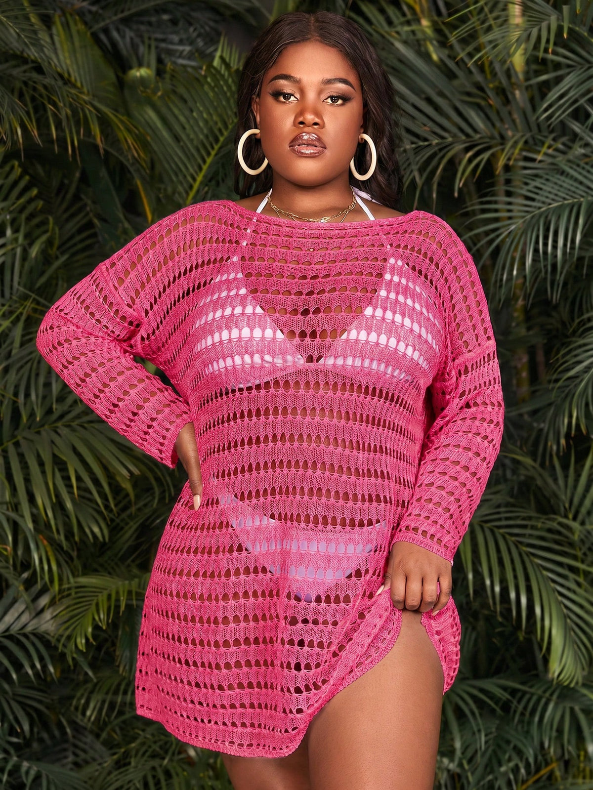 Slaydiva 2026 New Rose Red Plus Size Women's Hollow Out Dropped Shoulder Long Sleeve Cover-Up Dress Beach Vacation Summer