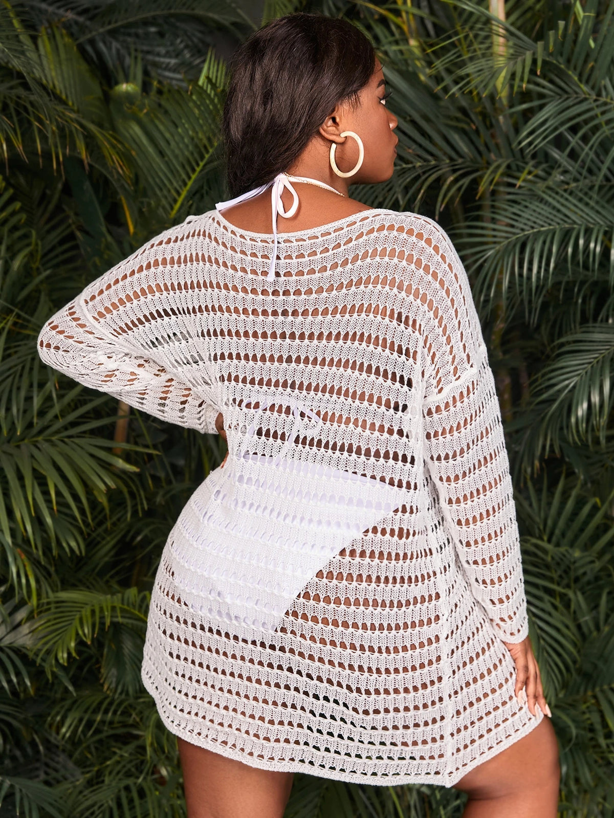 Slaydiva 2026 New Rose Red Plus Size Women's Hollow Out Dropped Shoulder Long Sleeve Cover-Up Dress Beach Vacation Summer