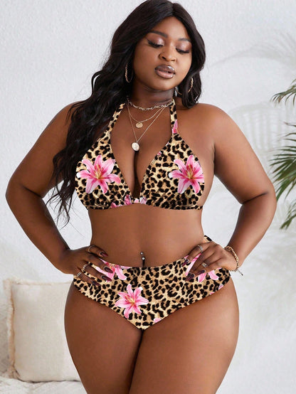 Slaydiva 4pcs/Set Plus Size Random Print Halter Neck Split Swimsuit Set For Summer Beach Vacation