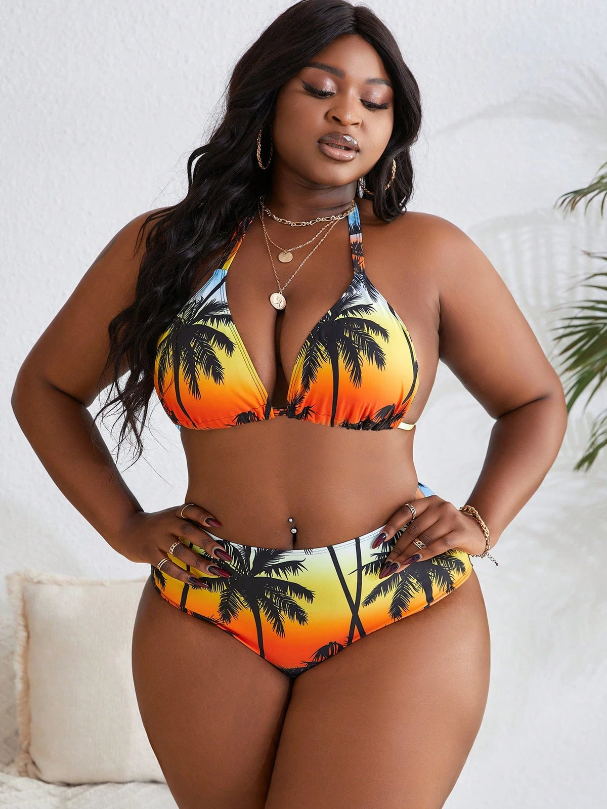 Slaydiva 4pcs/Set Plus Size Random Print Halter Neck Split Swimsuit Set For Summer Beach Vacation