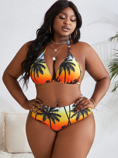 Slaydiva 4pcs/Set Plus Size Random Print Halter Neck Split Swimsuit Set For Summer Beach Vacation