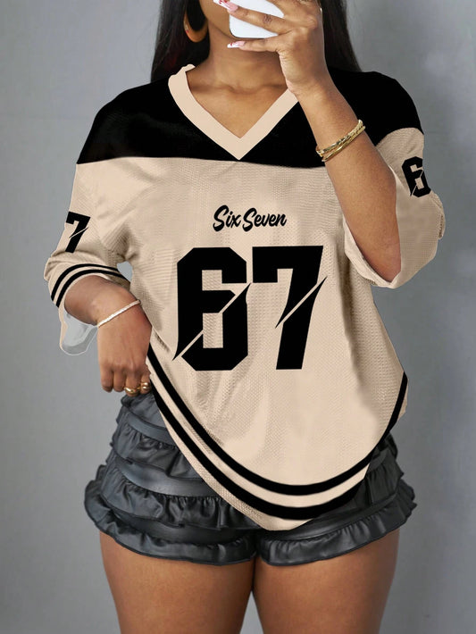 Slaydiva Casual Country Baggy Western Minimalist Letter Number Graphic Women T-Shirt, Suitable For Summer Back-To-School Holiday Office Work Beige