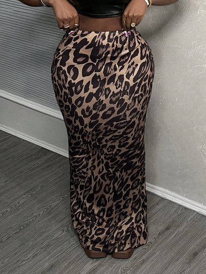 Slaydiva Elegant Beach Vacation Leopard Print Elastic Knit Women's Mermaid Skirt, Bodycon Style With Elastic Waistband
