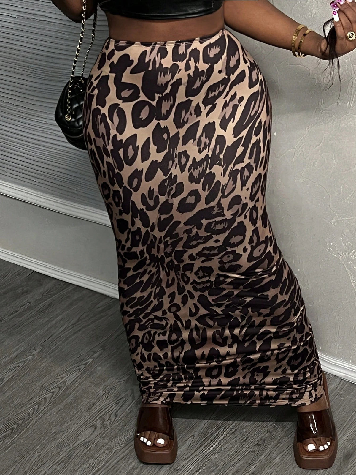 Slaydiva Elegant Beach Vacation Leopard Print Elastic Knit Women's Mermaid Skirt, Bodycon Style With Elastic Waistband