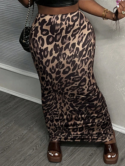 Slaydiva Elegant Beach Vacation Leopard Print Elastic Knit Women's Mermaid Skirt, Bodycon Style With Elastic Waistband