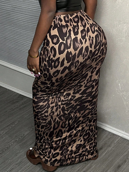 Slaydiva Elegant Beach Vacation Leopard Print Elastic Knit Women's Mermaid Skirt, Bodycon Style With Elastic Waistband