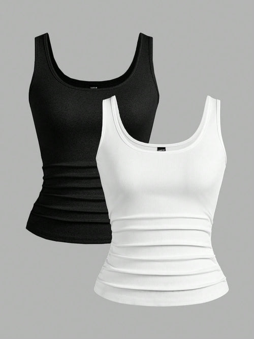 Slaydiva Multi-Pack Basic Slip Cami Top, Narrow Ribbed V-Neck Tank For Women, Black & White, Casual