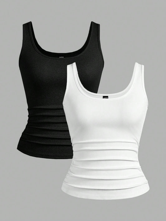 Slaydiva Multi-Pack Basic Slip Cami Top, Narrow Ribbed V-Neck Tank For Women, Black & White, Casual
