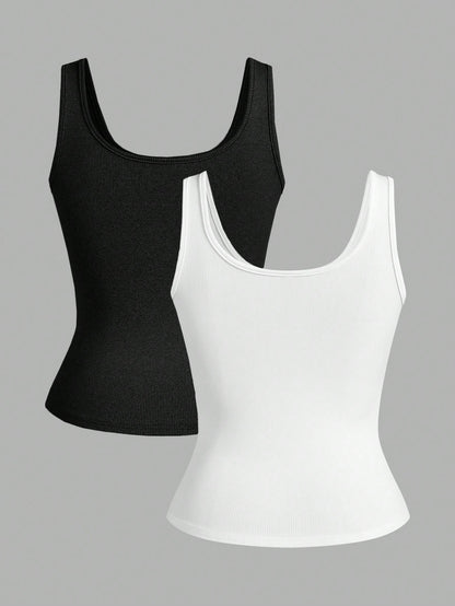 Slaydiva Multi-Pack Basic Slip Cami Top, Narrow Ribbed V-Neck Tank For Women, Black & White, Casual